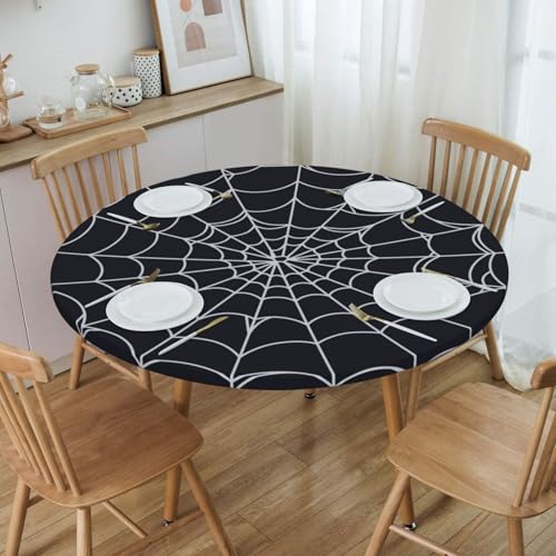 42-Inch Spider Web Halloween Round Tablecloth with Elastic Edge, Washable & Reusable