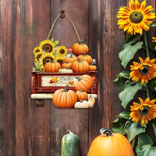 Hello Autumn Harvest Car Welcome Sign - Fall Porch Door Wooden Decor with Pumpkins - Seasonal Farmhouse Style - Variation: Hello Autumn3