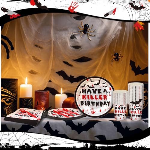 Scary Horror Birthday Party Supplies Set - Blood & Handprint Tableware, 48 Plates, Cups, Napkins & Utensils - Have a Killer Theme