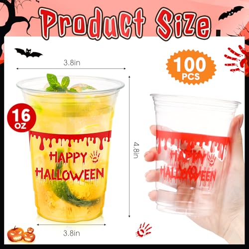 Halloween Plastic Cups 16 oz Blood Print - 100 Pack, Blood Red Variation