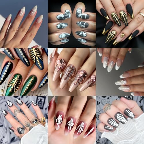 Halloween Skull Nail Stickers Set - Style02 Embossed Skeleton & Rose Design, 4 Sheets for Gothic Nail Art