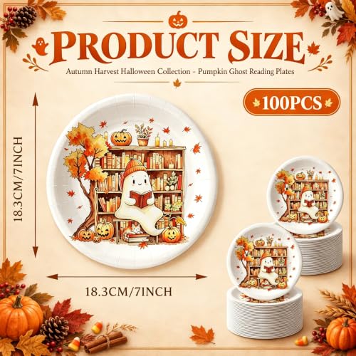 Fall Ghost Paper Plates - 100Pcs 7-Inch Halloween Disposable Halloween Party Dinnerware - Fall Themed Party Supplies
