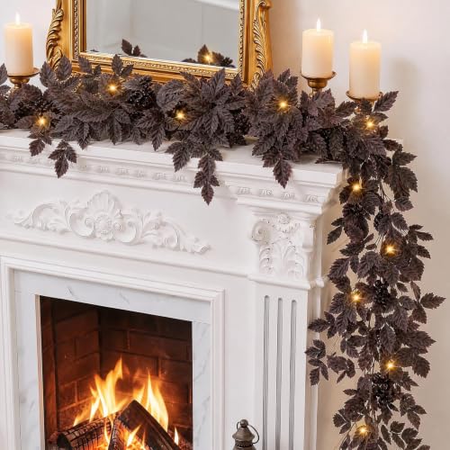 Fall Plum Garland with Lights - 6Ft Autumn Decor for Mantle & Home