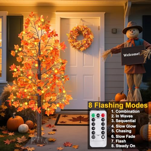 6 Ft Prelit Fall Maple Tree with 135 LED Lights, Timer & Remote Control - Indoor Outdoor Decor