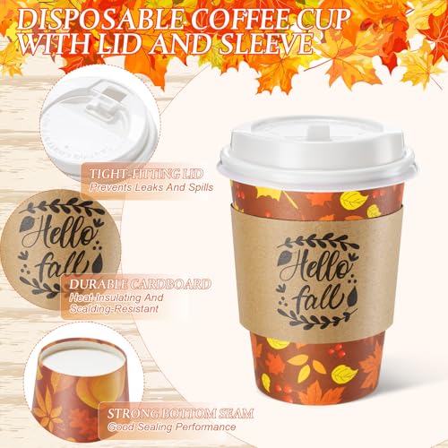 Fall Disposable Coffee Cups with Lids & Sleeves - 12oz, 10 Styles, 120 Pack