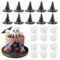 Halloween Witch Hat & Silver Crown Cake Topper Set - 12 Black Wizard Hats + 12 Silver Crowns