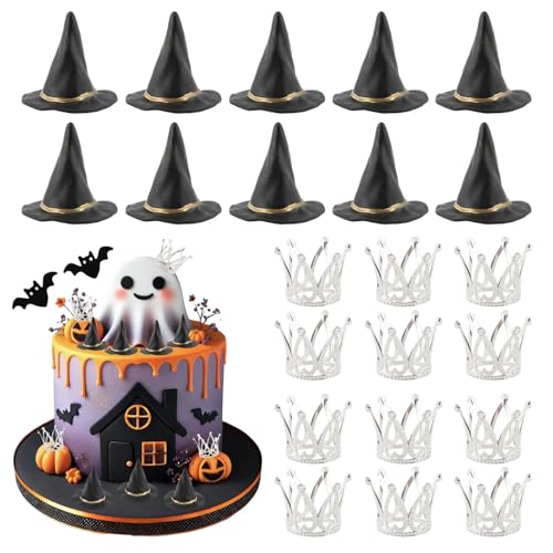 Halloween Witch Hat & Silver Crown Cake Topper Set - 12 Black Wizard Hats + 12 Silver Crowns