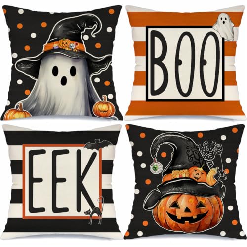 20x20 Inch Halloween Ghost Pumpkin Witch Hat Throw Pillow Covers Set of 4 - Spooky Jack O Lantern Decor