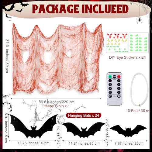 Halloween Hanging Bat Decorations with LED Lights and Creepy Cloth - Red, 24 pcs