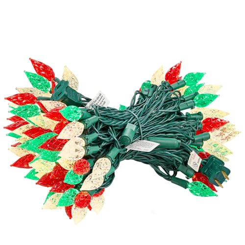 Christmas String Lights Outdoor 50ft 100 LED Faceted C6 - Red White Green
