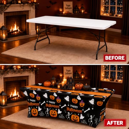 Halloween Pumpkin Ghost Spandex Tablecloth 6ft Fitted Rectangular Cover - Black, Orange, White Variation