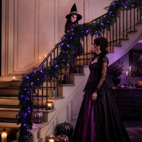 Black 9FT Pre-Lit Halloween Garland with Lights for Indoor Outdoor Decor