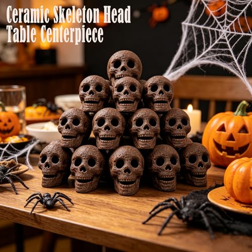 Light Brow 12 Pcs Fire Pit Skull Decor Reusable Ceramic Skeleton Heads for Halloween & Outdoor Fireplaces