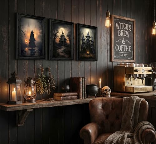 Halloween Canvas Wall Art Set - Dark Gothic Framed Posters with Witch, Black Cat & Castle - 24x16 Inches - Halloween Home Decor