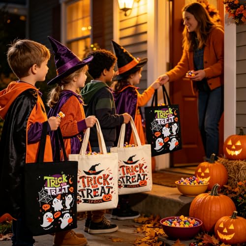 Black Halloween Canvas Tote Bag - Trick or Treat Spooky Witch & Pumpkin Design, 15-Inch Candy Bag
