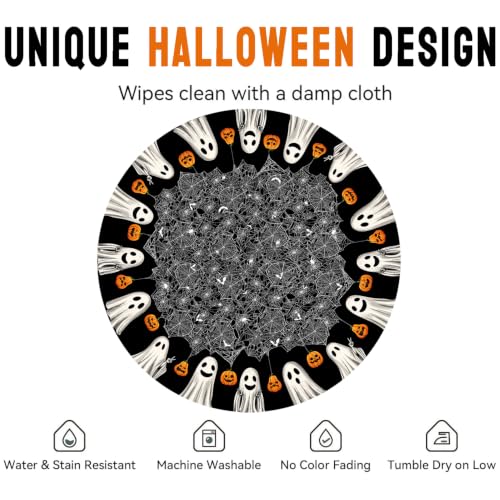 Halloween Black Round Tablecloth 90 Inch Spider Web Ghost Pattern - Party Decor