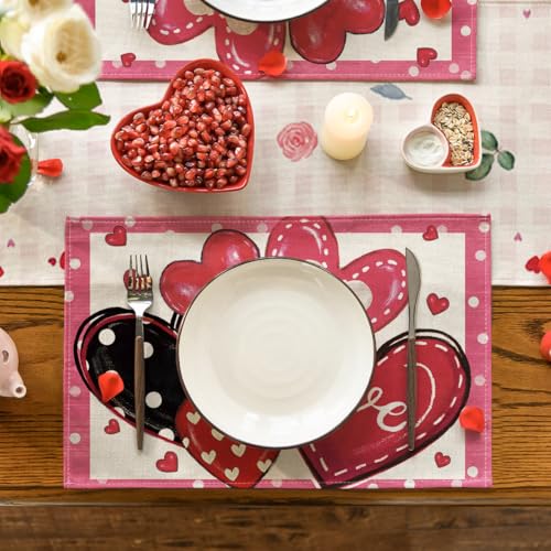 Pink Valentine's Dot Hearts Love Placemats Set of 4 - 12x18 Inch Rectangular Table Mats