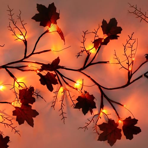 LED Willow Vine Garland with Orange Lights - Halloween Indoor Decor, 6Ft, 54 Lights, 8 Modes & Timer