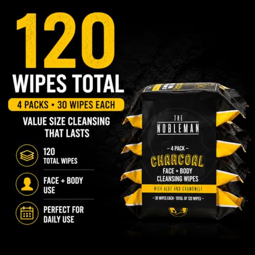 Men's Charcoal Face & Body Cleansing Wipes - 4 Pack (30 Count Each) - Deep Oil Control & Hydrating