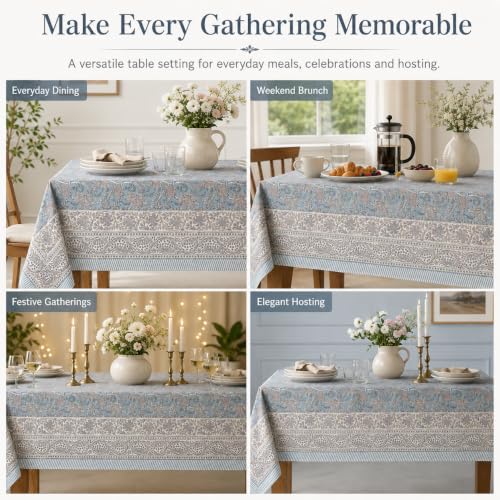 Hand Block Printed Floral Rectangle Table Cloth - Sky Blue, 108x72 Inches, Cotton, Festive & Everyday Use