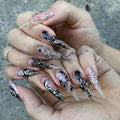 BABALAL Extra Long Gothic Stiletto Press-On Nails with Black Marble Lace - Variation ANG202-01, 24Pcs
