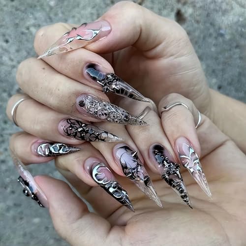 BABALAL Extra Long Gothic Stiletto Press-On Nails with Black Marble Lace - Variation ANG202-01, 24Pcs