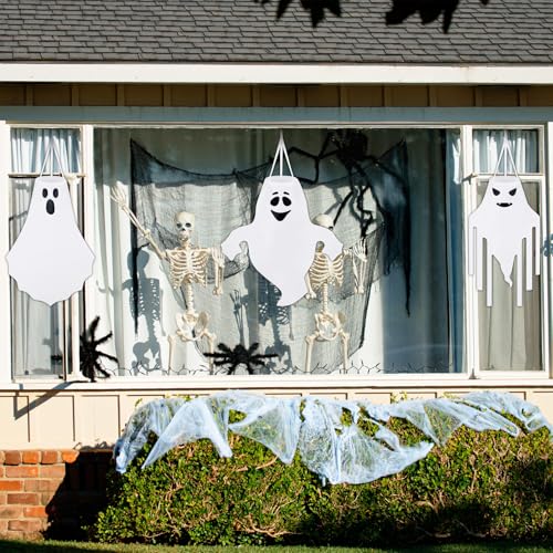 Halloween Ghost Windsocks Outdoor Decorations - Set of 6, 27 Inch White Flying Ghosts for Yard, Porch & Garden