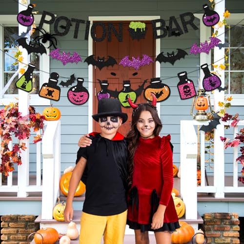 Halloween Potion Bar Banner with Glitter Potion Bottle Signs and Bat Decorations