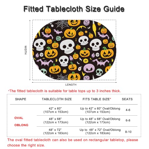 Halloween Pattern Fitted Oval Tablecloth 42x60 Inch Stretchy Spandex Skull Design - Black
