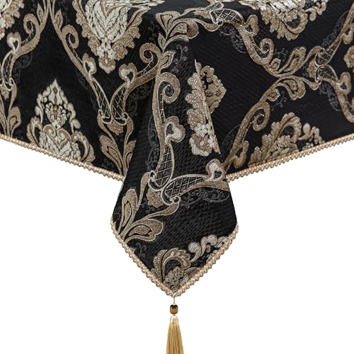 Black Jacquard Tablecloth 60 x 104 Inches Rectangular - Elegant Home Dining Decor
