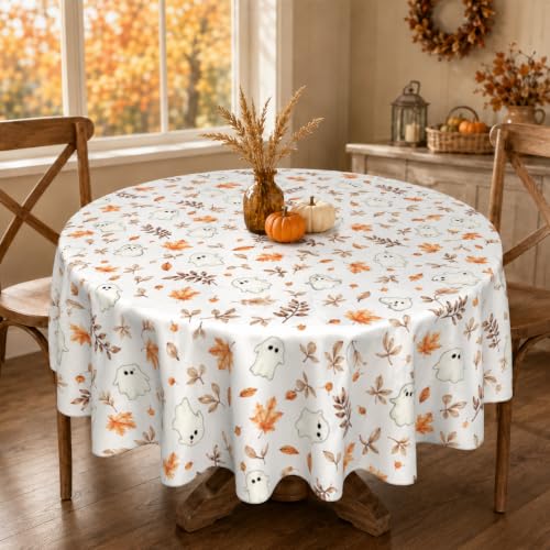 Fall Round Tablecloth 60 Inch Maple Leaves Ghost Autumn Table Cover Brown