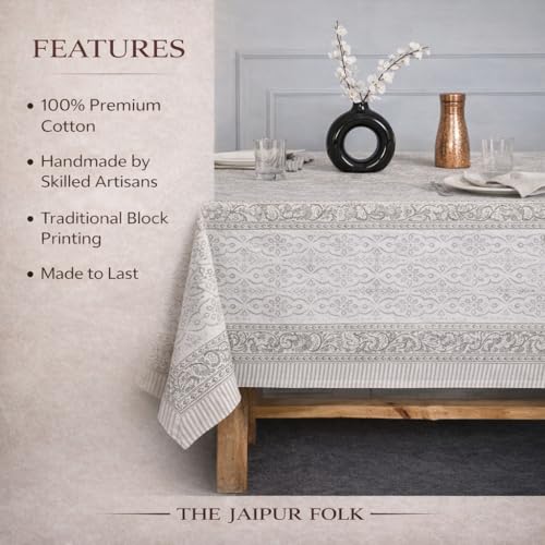 Hibiscus Grey Vine Floral Rectangle Cotton Tablecloth 72x120 Inch - Hand Block Printed for Dining & Festive Use
