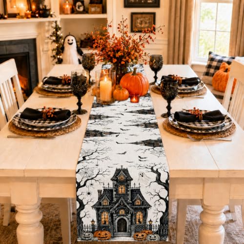 Haunted Castle Halloween Table Runner 13x72in for Home Decor - Orange Pumpkins & Ghosts