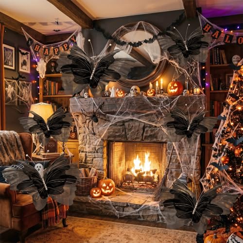 Black Butterfly Decorations Set - 6 Large 3D Silk Wall Decor, Halloween Gothic Theme, Variation of THIS listing
