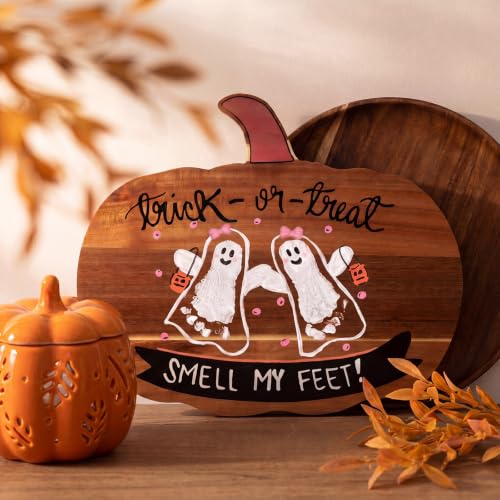 Baby Halloween Pumpkin Cutting Board with DIY Ghost Footprint & Colors - Fall Decor