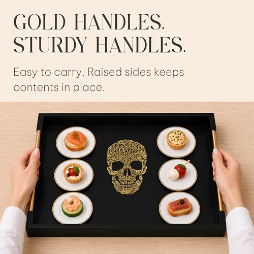 Gothic Skull Serving Tray with Black Gloss Finish & Gold Handles - Variation: SKULL