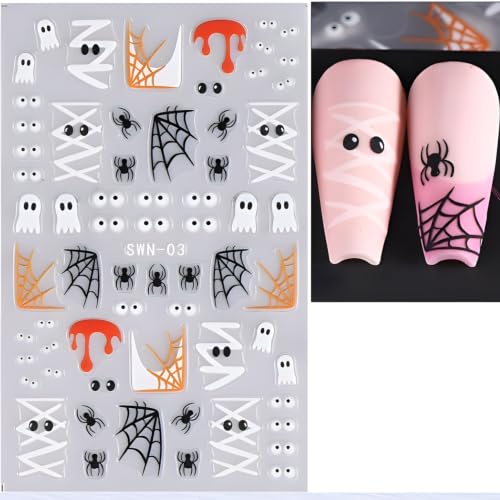 Halloween Nail Stickers Ghost & Spider Web Design - Colorful 1, 4 Sheets