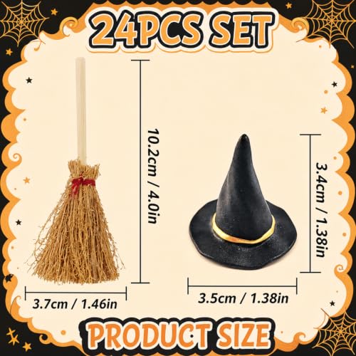 Mini Witch Hat and Broom Set for Halloween Decorations - 24PCS