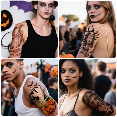 Halloween Temporary Tattoos Set - 77 Pieces with Half Sleeve and Small Designs - Kids & Adults - Halloween Tattoos