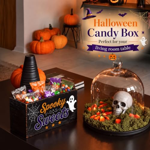 Halloween Candy Dish Wooden Happy Ghost Horror Style - Black