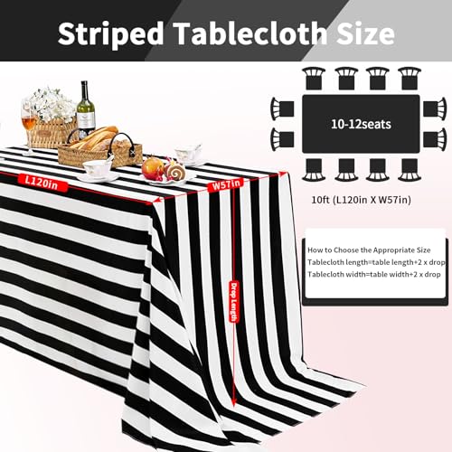 Black and White Striped Waterproof Tablecloth 57x120 Inch for Rectangular & Round Tables - Fanqisi