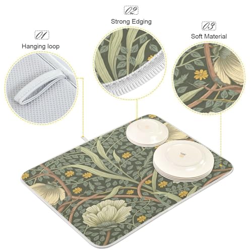 16 x 18 Inch William Morris Flowers Dish Drying Mat - Microfiber Kitchen Pad