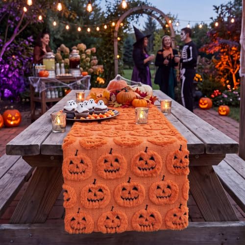 Halloween Pumpkin Table Runner 13x72 Plush Faux Fur Jacquard Decor