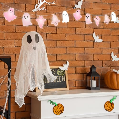 Pink Ghost Halloween LED String Lights - Battery Operated 10ft Spooky Decor