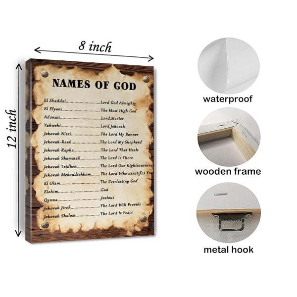 Names of God Canvas Wall Art Poster - 8x12 Inch Religious Scripture Print - White Frame Variation