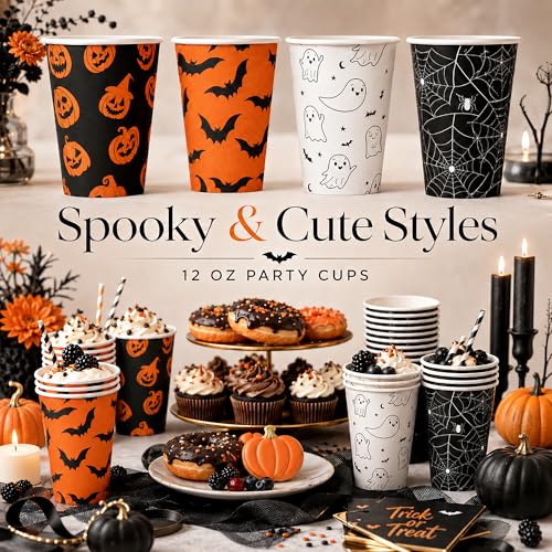 Halloween Paper Cups with Lids 80 Pack 12 oz Coffee Cups - Black Lids & 4 Designs