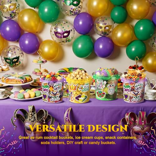 18 Pack 32 oz Mardi Gras Plastic Drink Buckets with Lids & Straws for Parties