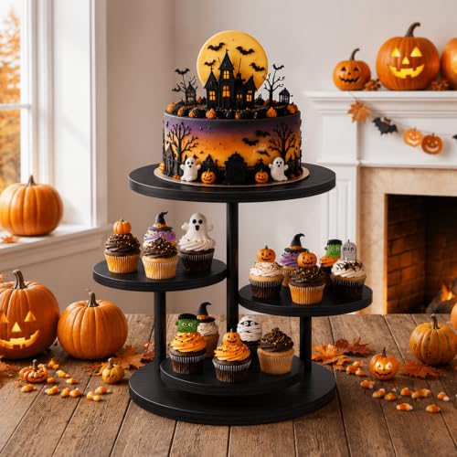 Black 4-Tier Round Cupcake Stand - Wooden Cake Tower with Rotatable Top for Desserts