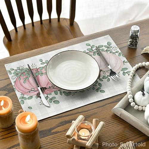 Pink Pumpkin Eucalyptus Fall Placemats Set of 4 - 12 x 18 Inch Rectangular