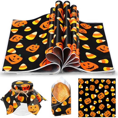 Halloween Pumpkin Wax Paper Wraps - Orange & Black, 100 Sheets, 11.4x11 Inches